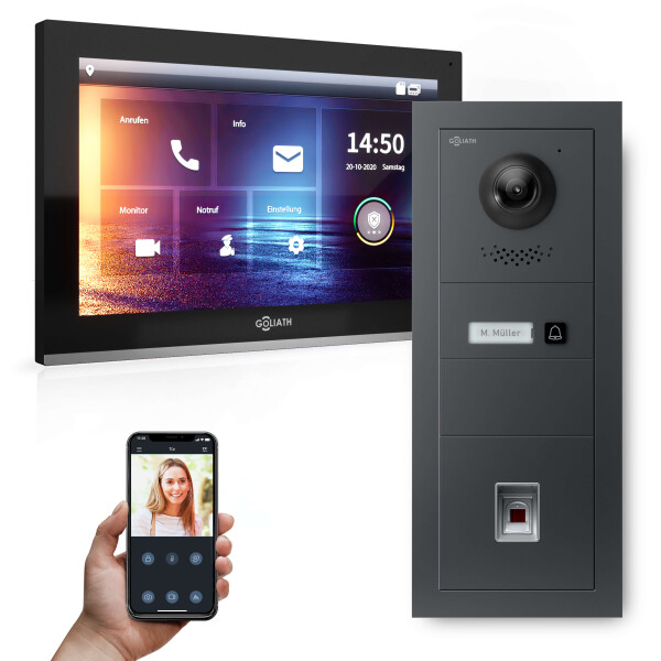GOLIATH Hybrid IP Türsprechanlage | Anthrazit | 1-Fam | 10" HD | Fingerprint | Unterputz | 180°