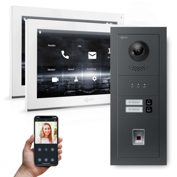 GOLIATH Hybrid IP Türsprechanlage | App | Anthrazit | 2-Fam | 2x 7" Weiß | Fingerprint | 180°