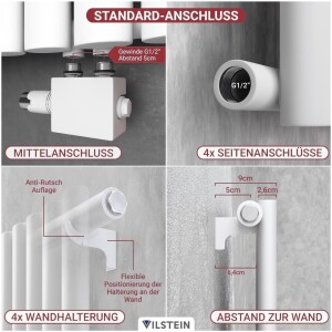 VILSTEIN Heizkörper Klein - 60 x 60 cm | Flacher Design Handtuchheizkörper, Mittelanschluss, Seitenanschluss, Weiß