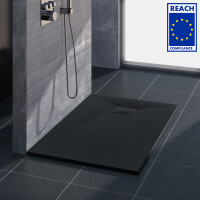 VILSTEIN Duschwanne, flach, Steinoptik, inkl. Siphon & Edelstahl Abdeckung, 80 x 80 x 3 cm, Weiß