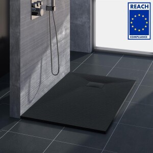 VILSTEIN Duschwanne, Antirutsch, flach, Steinoptik, inkl. Siphon, 120 x 90 x 3 cm, Schwarz