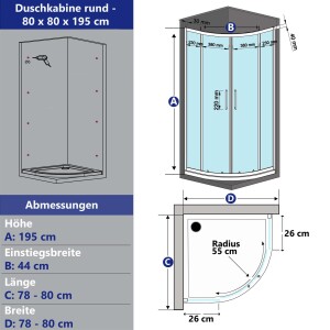VILSTEIN Duschkabine, Aluminiumprofile, Glas, Schiebetüren, Rund, 80 x 80 cm