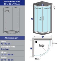 VILSTEIN Duschkabine, Aluminiumprofile, Glas, Schiebetüren, Rund, 80 x 80 cm