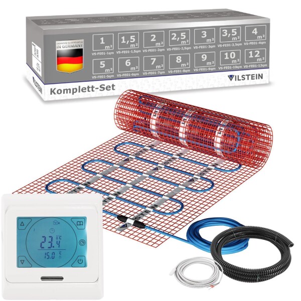 VILSTEIN© Elektrische Fußbodenheizung 150W/m² TWIN Technologie Elektro Komplett-Set - 1,5m² - 3m