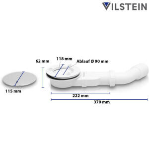 VILSTEIN Ablaufgarnitur Duschwanne 90mm, Geruchsstop und Haarsieb, Duschablauf extra flach, Chrom