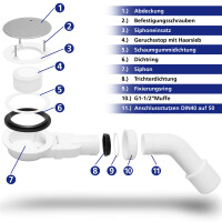 VILSTEIN Ablaufgarnitur Duschwanne 90mm, Geruchsstop und Haarsieb, Duschablauf extra flach, Chrom