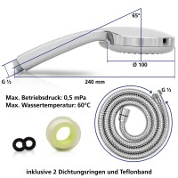 VILSTEIN Duschkopf Chrom mit 4 Strahlarten - Regen, Massage Inkl. Schlauch 1,5m  Edelstahl, Antikalk