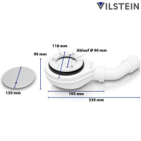 VILSTEIN Duschwannen Siphon 90mm, mit Geruchsverschluss und Haarsieb, Ablaufgarnitur Set, Chrom