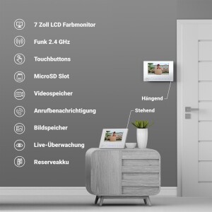Goliath WLAN Türklingel mit Kamera und Monitor | 1 Familienhaus | Funk Video Türsprechanlage | 120° Winkel | Bildspeicher | Weißlicht | Kabellos
