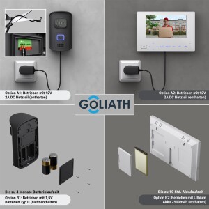 Goliath WLAN Türklingel mit Kamera und Monitor | 1 Familienhaus | Funk Video Türsprechanlage | 120° Winkel | Bildspeicher | Weißlicht | Kabellos