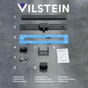 VILSTEIN© Duschrinne mit Siphon Ablaufrinne Bodenablauf Duschablauf 80 cm Randablauf Schwarz