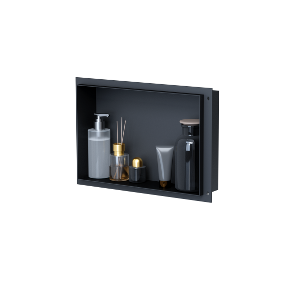 VILSTEIN | Wandnische 30 x 45 cm aus Edelstahl, Schwarz  | Duschnische | Randloses Duschregal mit Ablage