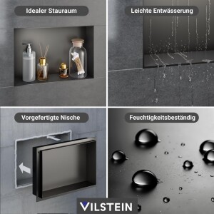 VILSTEIN | Wandnische 30 x 45 cm aus Edelstahl, Schwarz  | Duschnische | Randloses Duschregal mit Ablage