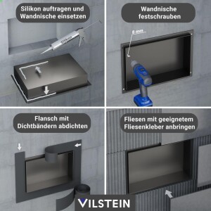 VILSTEIN | Duschnische 30x60 cm | Unterputz | Wandnische Schwarz | Randloses Duschregal mit Ablage