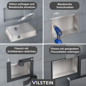 VILSTEIN | Duschnische 30x60 cm  aus Edelstahl | Randloses Wandnische mit Ablage