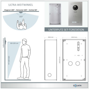 GOLIATH Hybrid IP Video Türsprechanlage mit App | Silber | 1-Fam | 2x7 Zoll Weiß | Unterputz | 180°