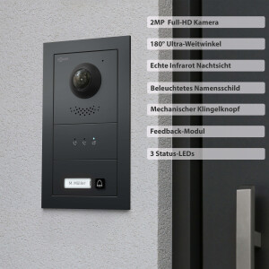 GOLIATH Hybrid IP Video Türsprechanlage mit App | Anthrazit | 1-Fam | 2x7 Zoll Schwarz | Unterputz | 180°