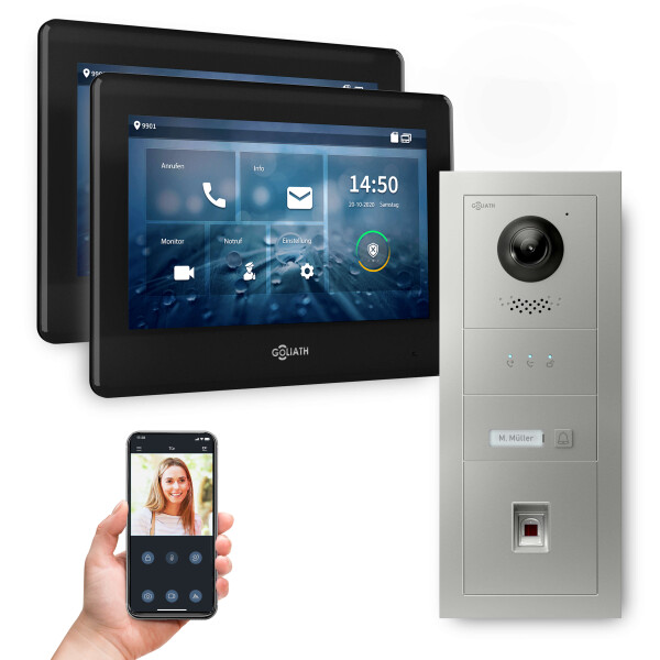 GOLIATH Hybrid IP Video Türsprechanlage mit App | 1 Fam | Silber | 2x7 Zoll Schwarz | Fingerprint | 180°