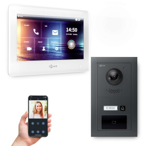 GOLIATH Hybrid IP Video Türsprechanlage mit App | 1 Fam | Anthrazit | 7 Zoll Weiß | Fingerprint | 180°