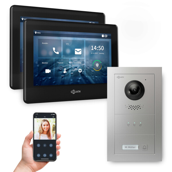 GOLIATH PRO 2-Draht BUS Türsprechanlage | App | 1 Familie | 2x7 Zoll Schwarz | 180° Kamera