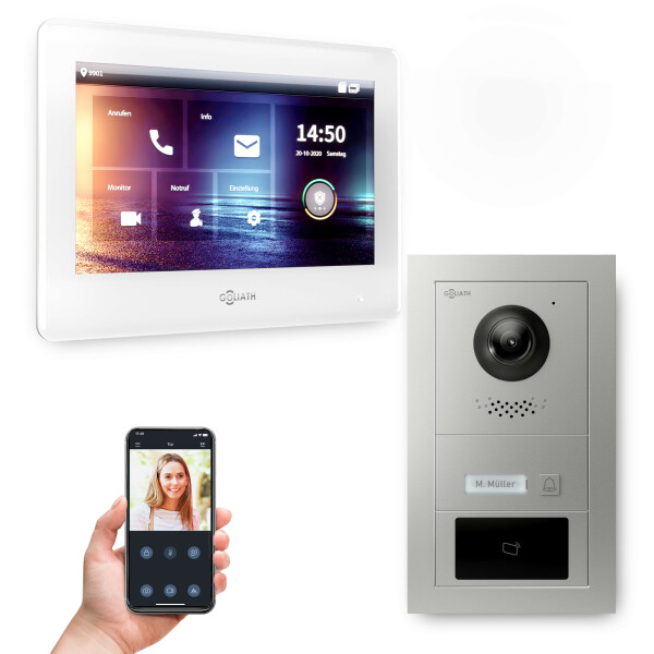 Goliath PRO IP Video Türsprechanlage mit App | 1 Fam | Silber | 7 Zoll Weiß | RFID | 180°
