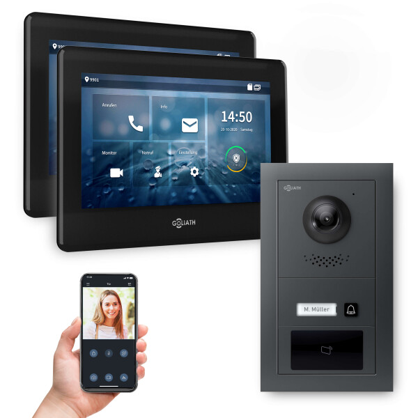 Goliath Hybrid IP Video Türsprechanlage mit App | 1 Fam | Anthrazit | 2x7 Zoll Schwarz | Fingerprint | 180°