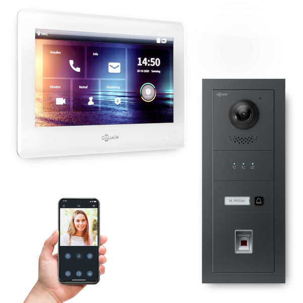 GOLIATH IP Video Türsprechanlage | 1 Fam | Anthrazit | 7 Zoll Weiß | Fingerprint | 180°