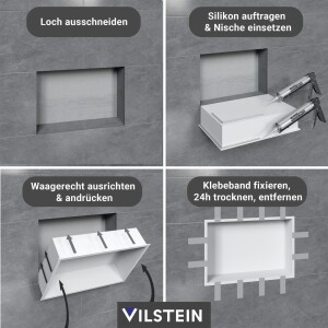 VILSTEIN | Duschnische 30x45 cm | Aufputz | Wandnische Weiß | Randloses Duschregal mit Ablagefach