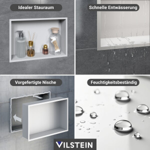 VILSTEIN | Duschnische 30x90 cm | Aufputz | Wandnische Weiß | Randloses Duschregal mit Ablagefach