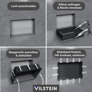 VILSTEIN | Duschnische 30x90 cm | Aufputz | Wandnische Schwarz | Randloses Duschregal mit Ablagefach