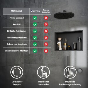 VILSTEIN | Duschnische 30x90 cm | Aufputz | Wandnische Schwarz | Randloses Duschregal mit Ablagefach