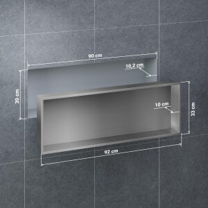 VILSTEIN | Duschnische 30x90 cm | Aufputz | Wandnische Edelstahl | Randloses Duschregal mit Ablagefach