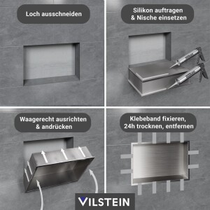 VILSTEIN | Duschnische 30x90 cm | Aufputz | Wandnische Edelstahl | Randloses Duschregal mit Ablagefach