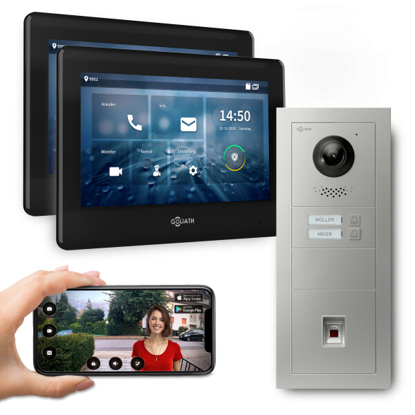 GOLIATH PRO 2-Draht BUS Türsprechanlage | App | 2 Fam | 2x7 Zoll Schwarz | Fingerprint | 180°