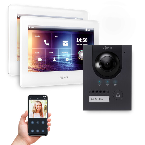 GOLIATH PRO 2-Draht BUS Sprechanlage mit App | Anthrazit | 1 Fam. | 2x7" | Unterputz | 180°