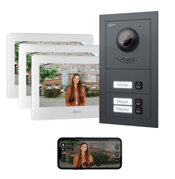 GOLIATH Basic 2-Draht BUS Türsprechanlage | FullHD | App | 150° | 3 Fam | Anthrazit/Weiß | Unterputz