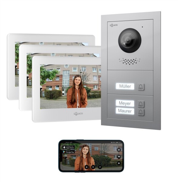 GOLIATH Basic 2-Draht BUS Türsprechanlage | FullHD | App | 150° | 3 Fam | Silber/Weiß | Unterputz