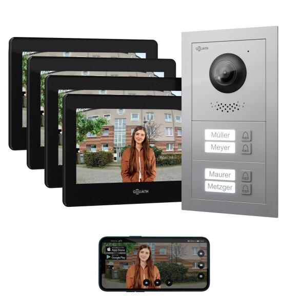 GOLIATH Basic 2-Draht BUS Türsprechanlage | FullHD | App | 150° | 4 Fam | Silber/Schwarz | Unterputz