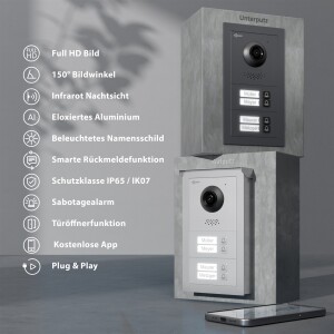 GOLIATH Basic 2-Draht BUS Türsprechanlage | FullHD | App | 150° | 4 Fam | Silber/Weiß | Aufputz