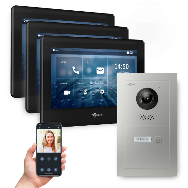 GOLIATH PRO 2-Draht BUS Video Türsprechanlage | App | 1 Familie | 3x7 Zoll Schwarz | 180°