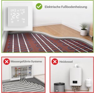 VILSTEIN® WiFi Thermostat für Fußbodenheizung – Raumthermostat mit App | Smarter Raumthermostat mit App-Steuerung – Tuya Smart Life App – Touch Display – 16A – Wochenprogramm – Weiß