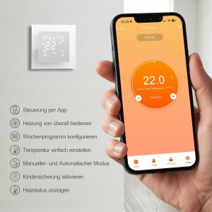 VILSTEIN® WiFi Thermostat für Fußbodenheizung – Raumthermostat mit App | Smarter Raumthermostat mit App-Steuerung – Tuya Smart Life App – Touch Display – 16A – Wochenprogramm – Weiß