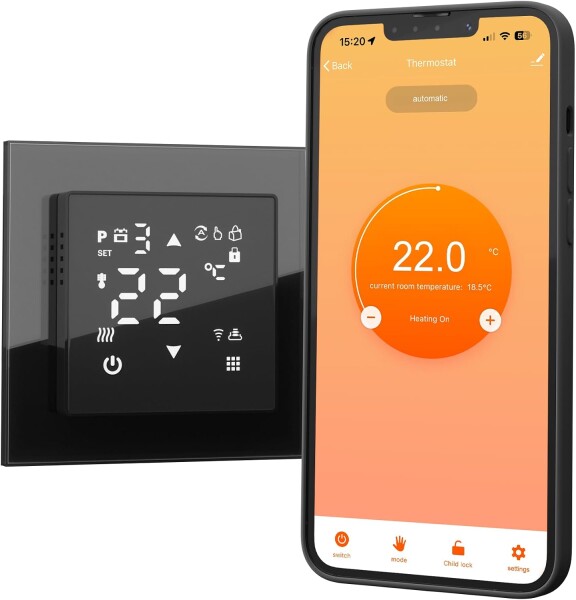VILSTEIN® WiFi Thermostat für Fußbodenheizung – Raumthermostat mit App | Smarter Raumthermostat mit App-Steuerung – Tuya Smart Life App – Touch Display – 16A – Wochenprogramm – Schwarz