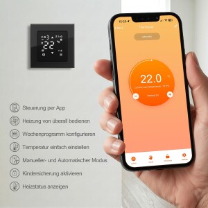 VILSTEIN® WiFi Thermostat für Fußbodenheizung – Raumthermostat mit App | Smarter Raumthermostat mit App-Steuerung – Tuya Smart Life App – Touch Display – 16A – Wochenprogramm – Schwarz