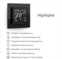 VILSTEIN® WiFi Thermostat für Fußbodenheizung – Raumthermostat mit App | Smarter Raumthermostat mit App-Steuerung – Tuya Smart Life App – Touch Display – 16A – Wochenprogramm – Schwarz