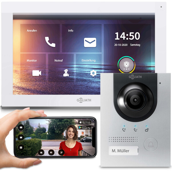 GOLIATH Hybrid IP Video Türsprechanlage mit App | Silber | 1-Familienhaus | 10 Zoll | Aufputz | 180°