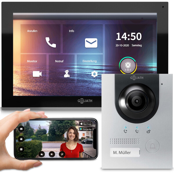 GOLIATH PRO IP Türsprechanlage | App | Silber | 1-Familienhaus | 10 Zoll | Unterputz | 180 Grad