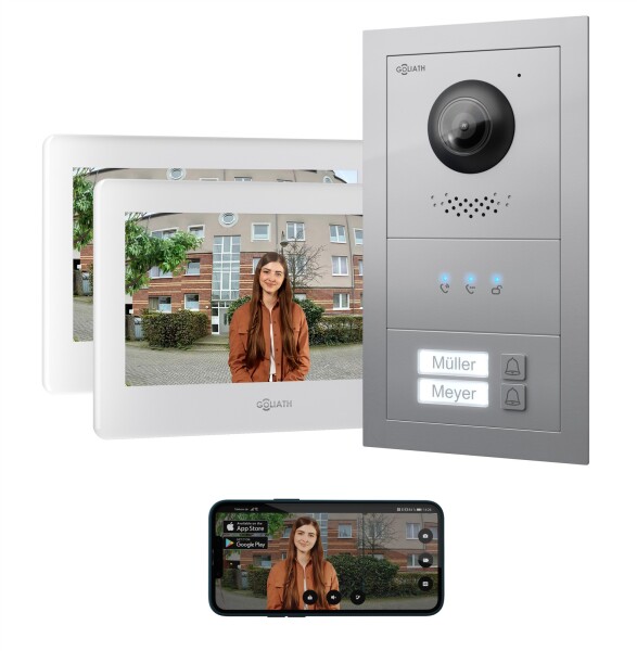 GOLIATH Basic 2-Draht BUS Türsprechanlage | FullHD | App | 150° | 2 Fam | Silber/Weiß | Unterputz