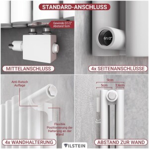 VILSTEIN Design Heizkörper, Mittelanschluss und Seitenanschluss, Einlagig