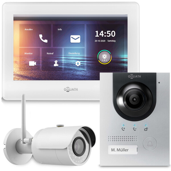 GOLIATH Hybrid IP Video Türsprechanlage | App | Silber | 1-Familie | 7 Zoll | Unterputz | 180 Grad